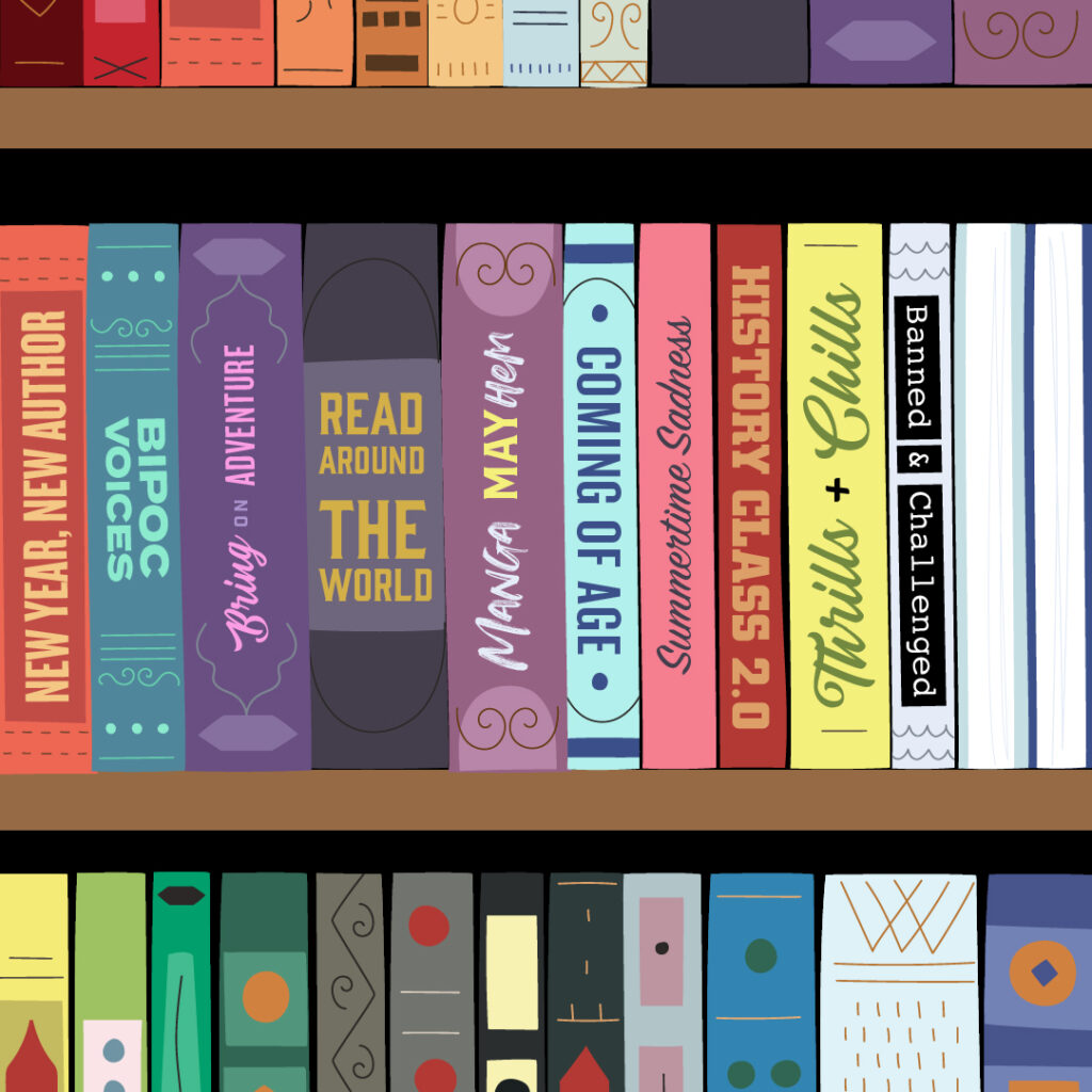 Graphic of books on bookshelf, with most recent spine reading Banned & Challenged.