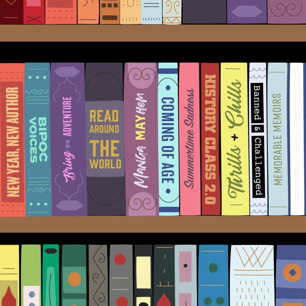 Graphic of book spines on a book shelf. Each spine has the name of a reading challenge category, with one turned inward. Book at the end reads 'Memorable Memoirs'.