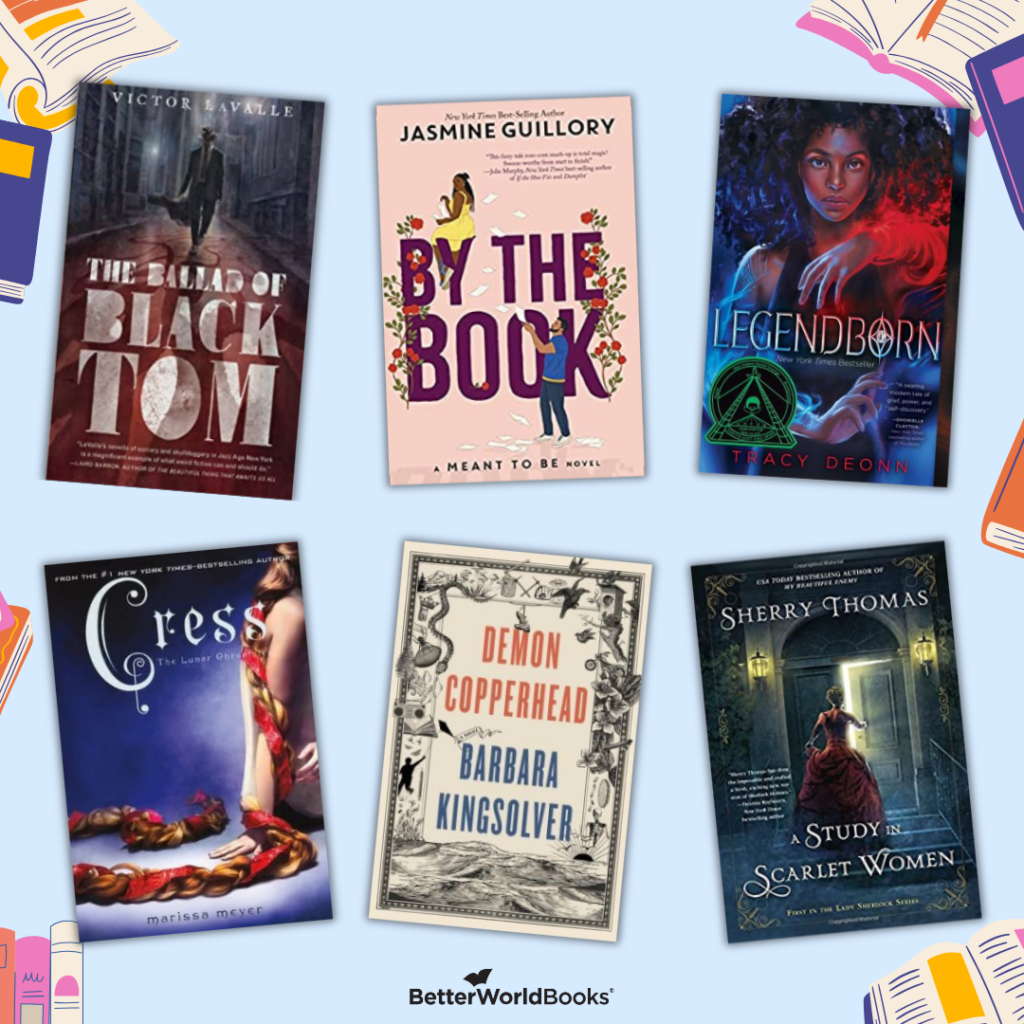 Graphic featuring six book covers from the Twisted Tales reading challenge category. Titles include The Ballad of Black Tom by Victor LaValle; By the Book by Jasmine Guillory; Legendborn by Tracy Deonn; Cress
by Marissa Meyer; Demon Copperhead by Barbara Kingsolver; A Study in Scarlet Women
by Sherry Thomas.
