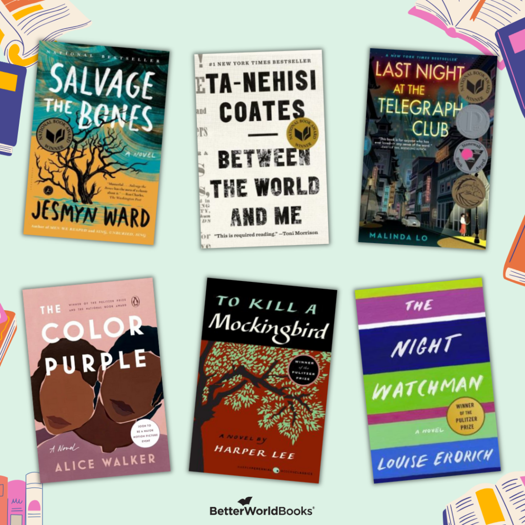 Graphic featuring six book covers from the Award Winners reading challenge category. Titles include Salvage the Bones by Jesmyn Ward; Between the World and Me by Ta-Nehisi Coates; Last Night at the Telegraph Club by Malinda Lo; The Color Purple : A Novel
by Alice Walker; To Kill a Mockingbird
by Harper Lee; The Night Watchman by Louise Erdrich.