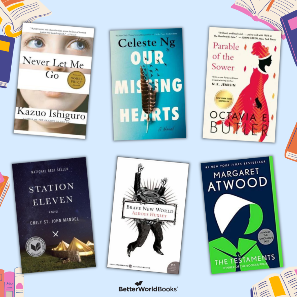 Graphic featuring six book covers from the Another World reading challenge category. Titles include Never Let Me Go by Kazuo Ishiguro; Our Missing Hearts by Celeste Ng; Parable of the Sower by Octavia E. Butler; Station Eleven by Emily St. John Mandel; Brave New World by Aldous Huxley; The Testaments : A Novel by Margaret Atwood.