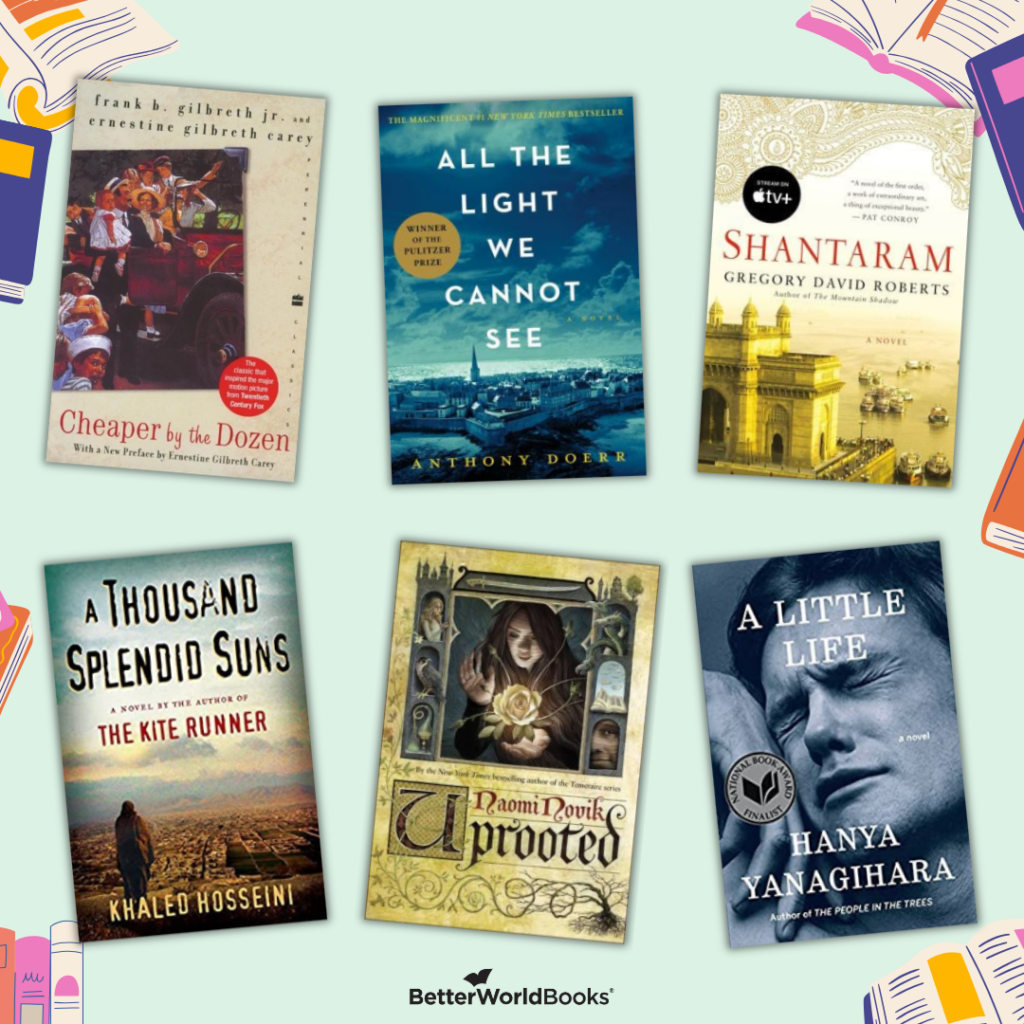Graphic featuring six book covers from the Wild Card Reads reading challenge category. Titles include Cheaper by the Dozen by Frank B. Gilbreth, Jr.; All the Light We Cannot See by Anthony Doerr; Shantaram : A Novel by Gregory David Roberts; A Thousand Splendid Suns by Khaled Hosseini; Uprooted by Naomi Novik; A Little Life by Hanya Yanagihara.