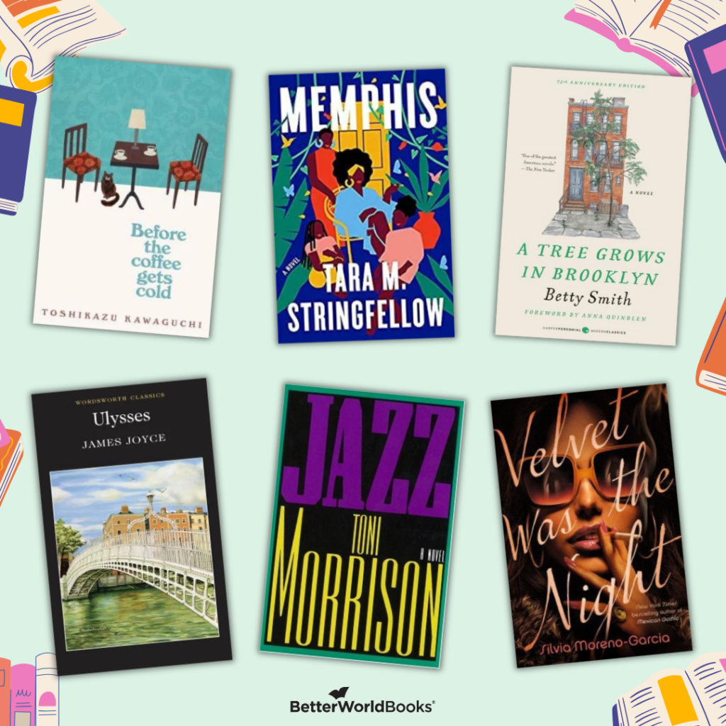 Graphic featuring six book covers from the Close to Home reading challenge category. Titles include Before the Coffee Gets Cold
by Toshikazu Kawaguchi; Memphis
by Tara M. Stringfellow; A Tree Grows in Brooklyn by Betty Smith; Ulysses
by James Joyce; Jazz by Toni Morrison; Velvet Was the Night
by Silvia Moreno-Garcia.