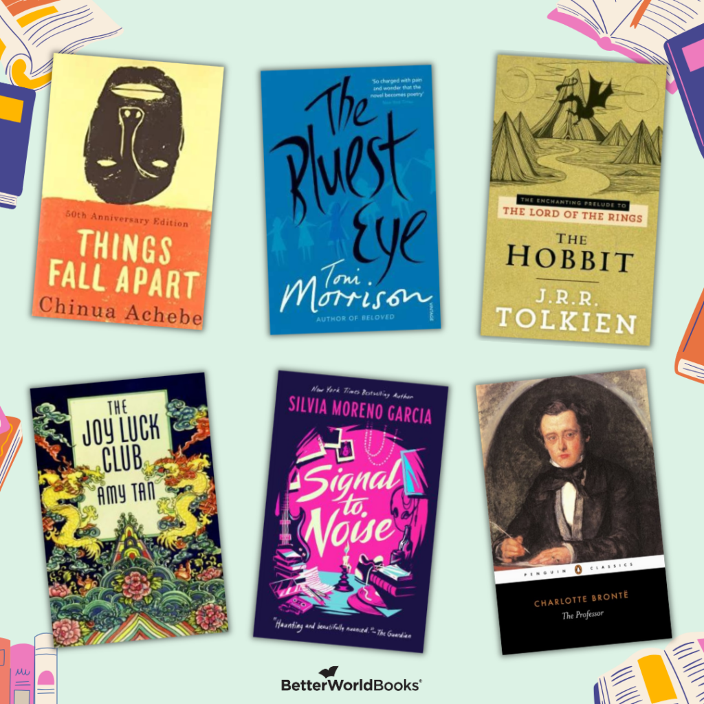 Graphic featuring six book covers from the Debut Works reading challenge category. Titles include Things Fall Apart : A Novel
by Chinua Achebe; The Bluest Eye
by Toni Morrison; The Hobbit by J. R. R. Tolkien; The Joy Luck Club
by Amy Tan; Signal To Noise
by Silvia Moreno-Garcia; The Professor by Charlotte Brontë.