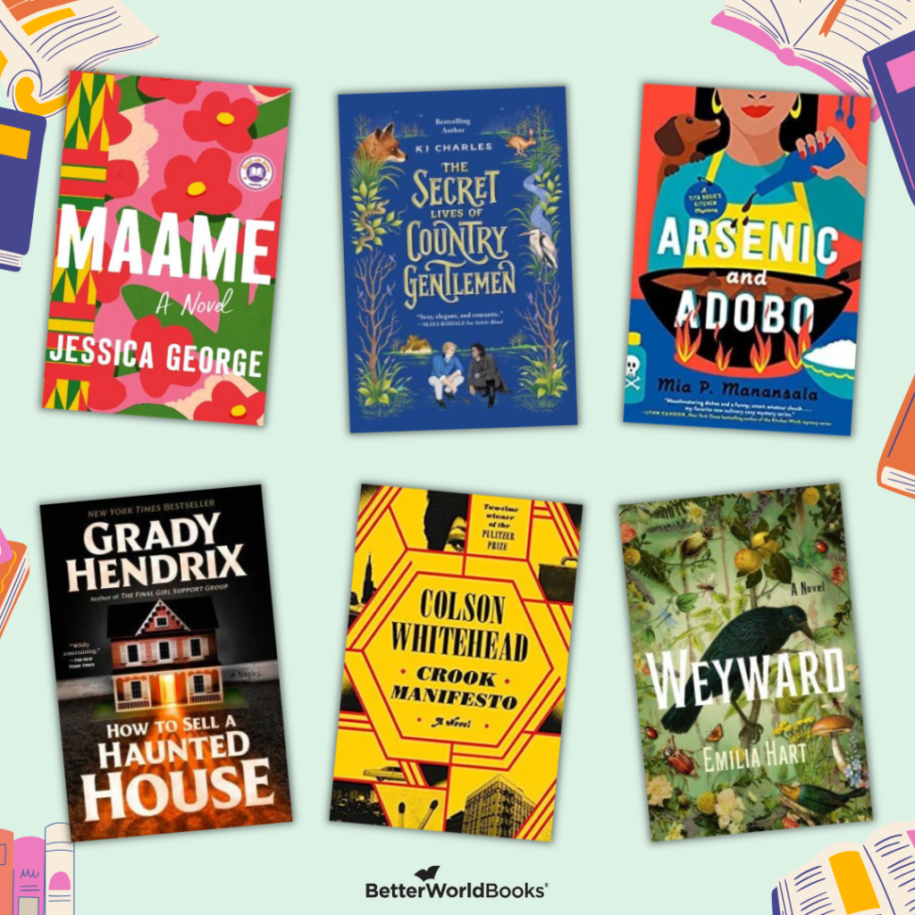Graphic featuring six book covers from the Cover Story reading challenge category. Titles include Maame by Jessica George; The Secret Lives of Country Gentlemen
by K. J. Charles; Arsenic and Adobo
by Mia P. Manansala; How to Sell a Haunted House by Grady Hendrix; Crook Manifesto by Colson Whitehead; Weyward by Emilia Hart.