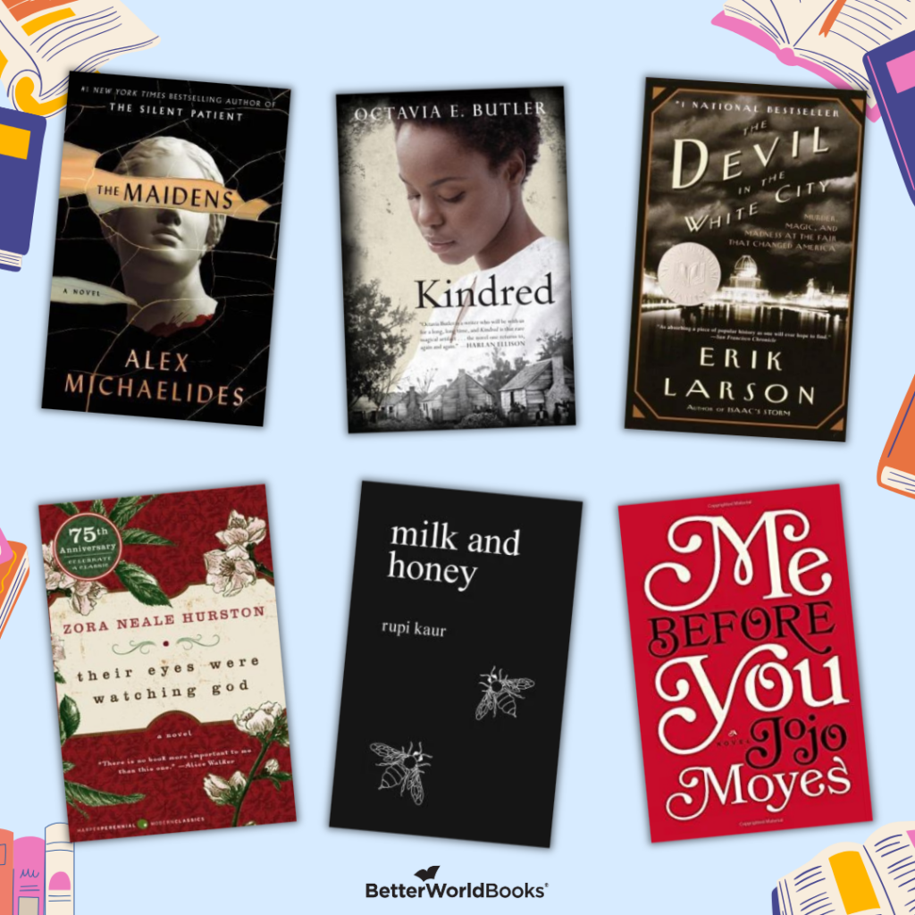 Graphic featuring six book covers from the Genre Swap reading challenge category. Titles include The Maidens by Alex Michaelides; Kindred by Octavia E. Butler; The Devil in the White City by Erik Larson; Their Eyes Were Watching God by Zora Neale Hurston; Milk and Honey by Rupi Kaur; Me Before You by Jojo Moyes.