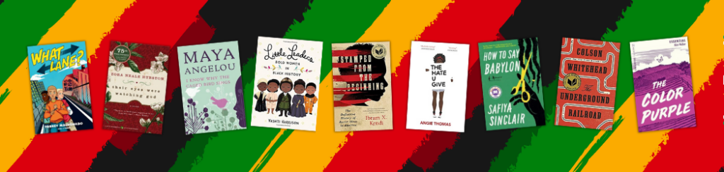 Eight book covers from recommendations for Black History Month. Green, yellow, red and black striped background.