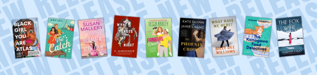 Eight book covers from new releases. Blue background reads "new releases" in a pattern.