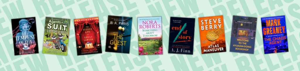 Eight book covers from new books. Green background reads "New Releases"