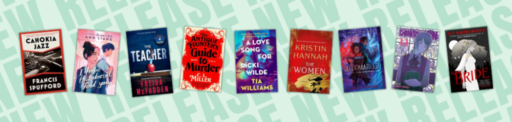Eight book covers from new releases. Green background reads "new release".