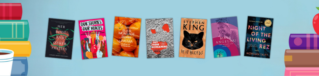 Image with seven covers from reading challenge books. Images of books, coffee, apple on sides.