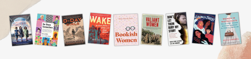 Graphic featuring nine book covers from Women's History Month suggestions.